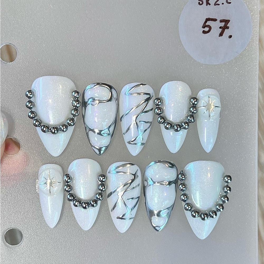 StrayKids 4ever white iridescent press on nails • short stiletto shape